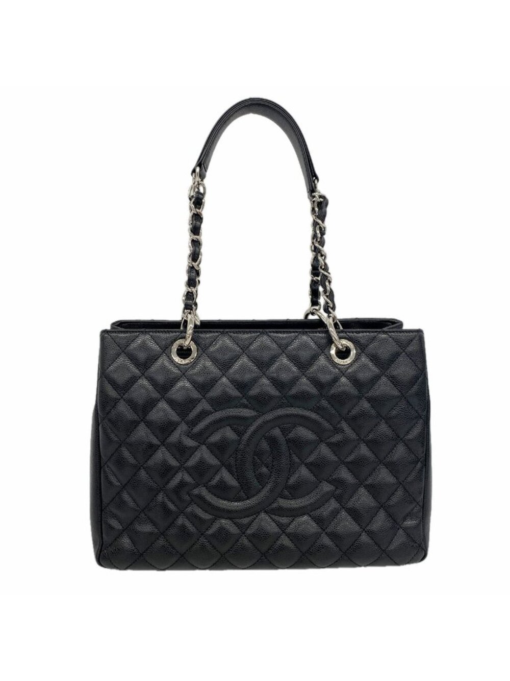 Chanel Chain Tote Bag Quilted Caviar Leather Black Silver